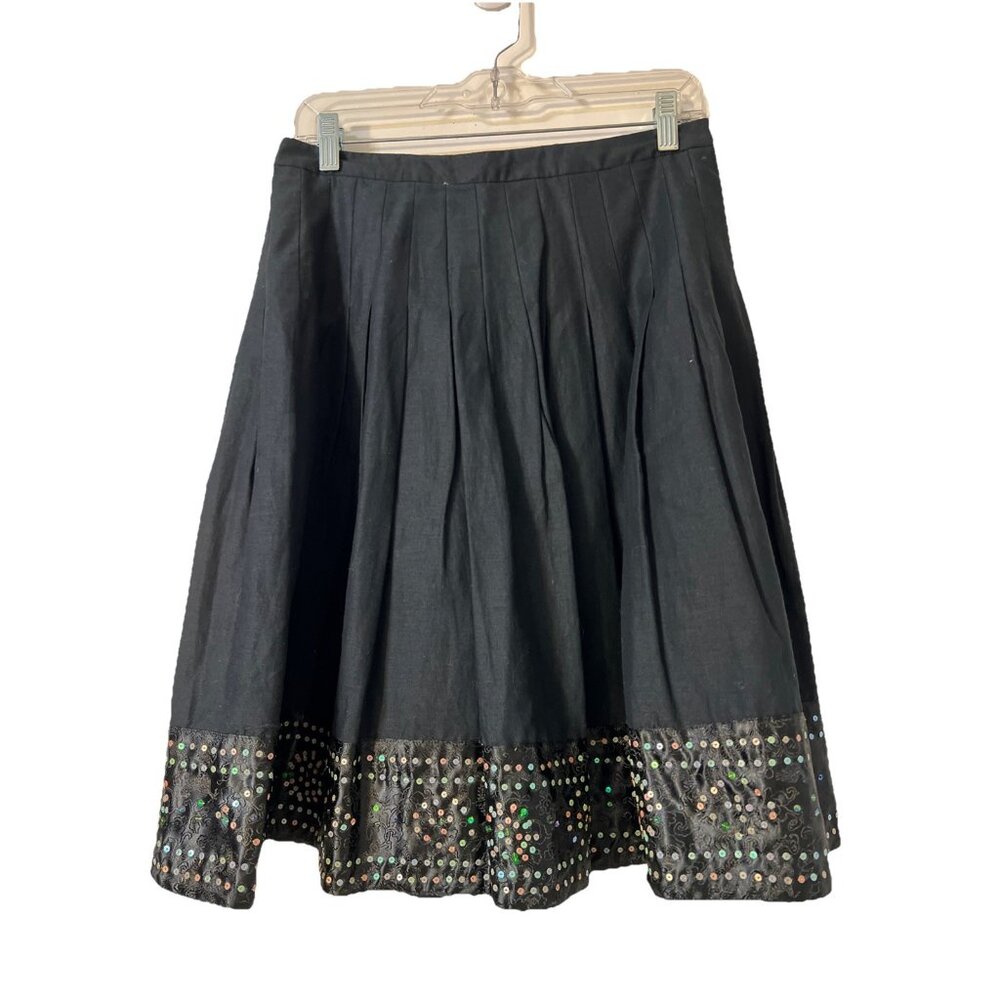 ICE Skirt Womens 8 Black Flare Lined Linen Cotton Blend Satin Sequin Hem Pleated